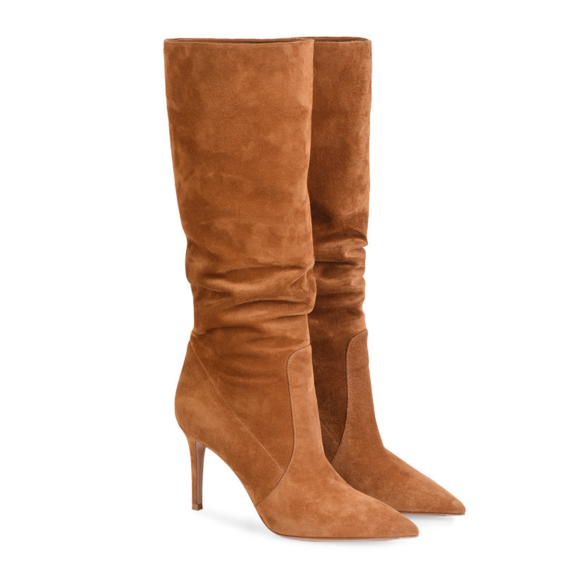 Pointed Suede Brown Stiletto Heel Fashion Mid Tube Knee Length Womens Boots - Zalixer