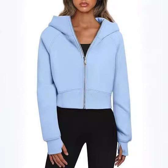 Casual Zippered Hooded Sweatshirt Fleece Sport Cardigan Fashion Hoodies Short Tops Womens Clothing - Zalixer