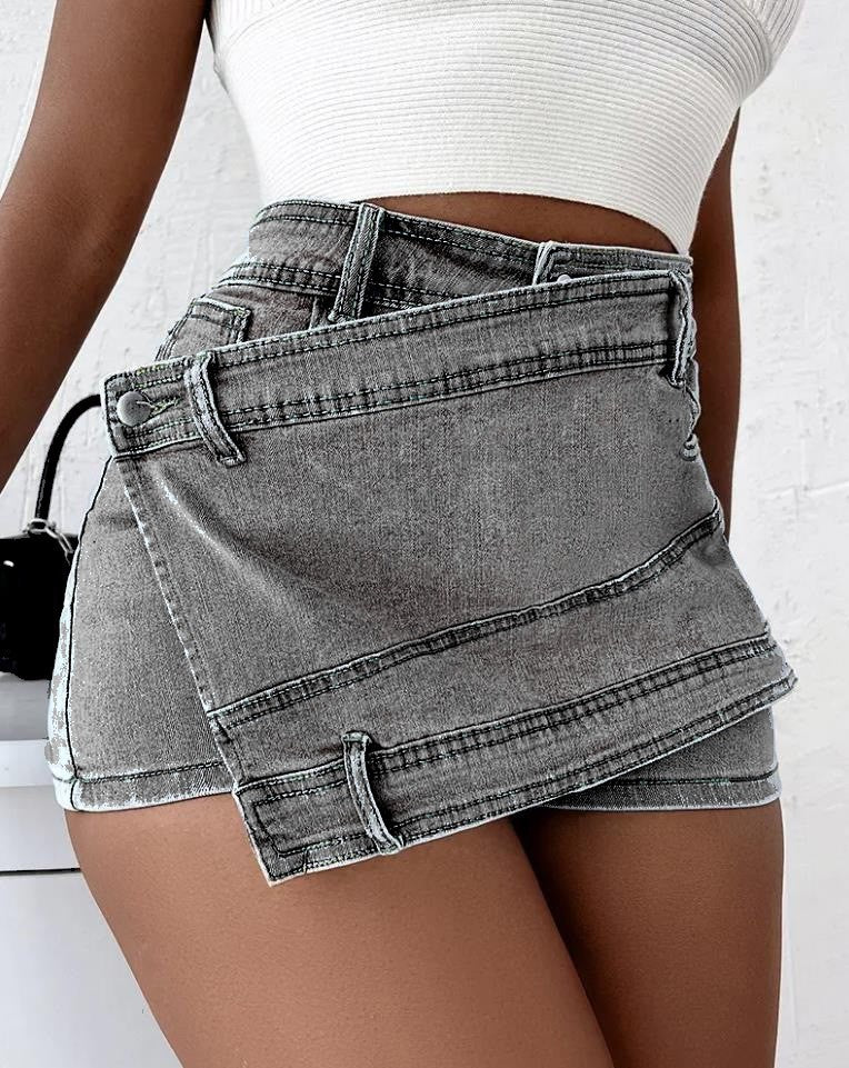 Y2K Street Vintage Denim Shorts Stretch Overlap Waist Wrap Solid Asymmetrical Hem A-Line Skinny Mini Skorts Skirt - Zalixer