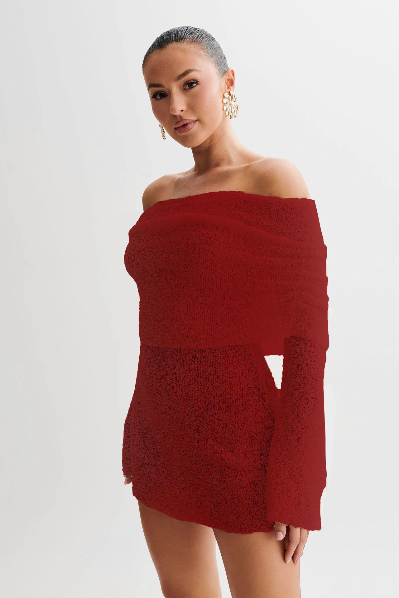 Women's Spring Summer Knitted Dress Elegant Party Boat Neck Dress Infant Off Shoulder Bodycon Long Sleeve Fuzzy Short Club Chic Mini Dress - Zalixer