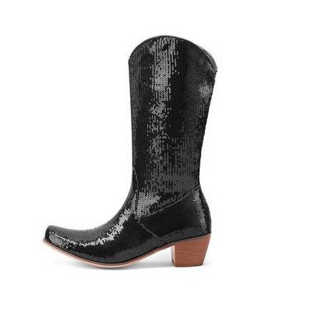 Womens Block-Heel Patent Leather Knee-High Boots - Zalixer