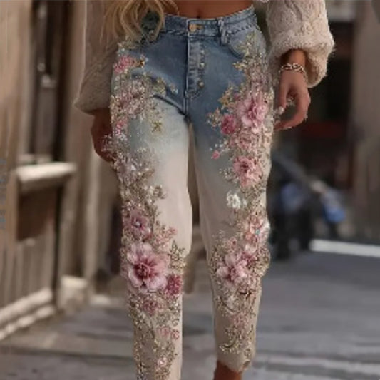 Womens Colorful Floral Loose-fit Jeans - Zalixer