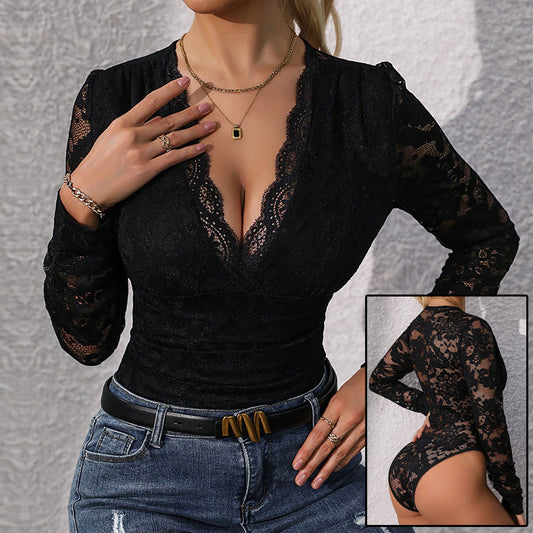 Women's Lace Up Long Sleeve Bodysuit Romper Sexy Deep V Neck Snap Croth Leotard Tee Top For Women - Zalixer