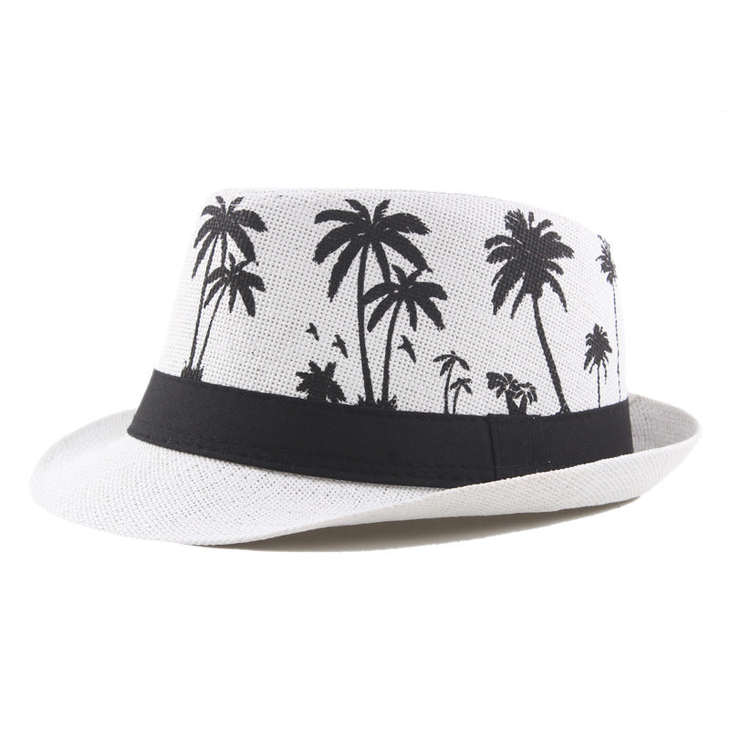 Palm Print Coconut Pattern Curled Straw Hat - Zalixer