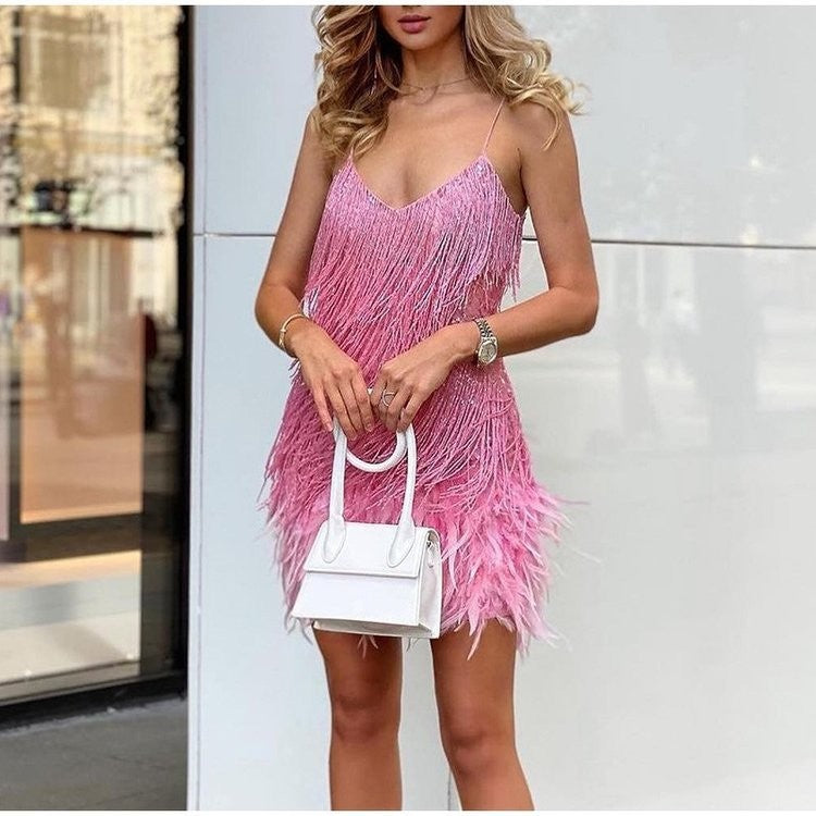 Sexy Tassel Sequins Feather Summer Mini Dress Women V Neck Spaghetti Strap Stitching Dresses Female Elegant Evening Party Club Dress - Zalixer