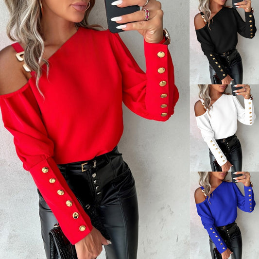 Fashion Lantern Sleeve Button Splicing Shirt Women Elegant Office Commuter O Neck Blouse Female Fall Spring Daily Casual Tops - Zalixer
