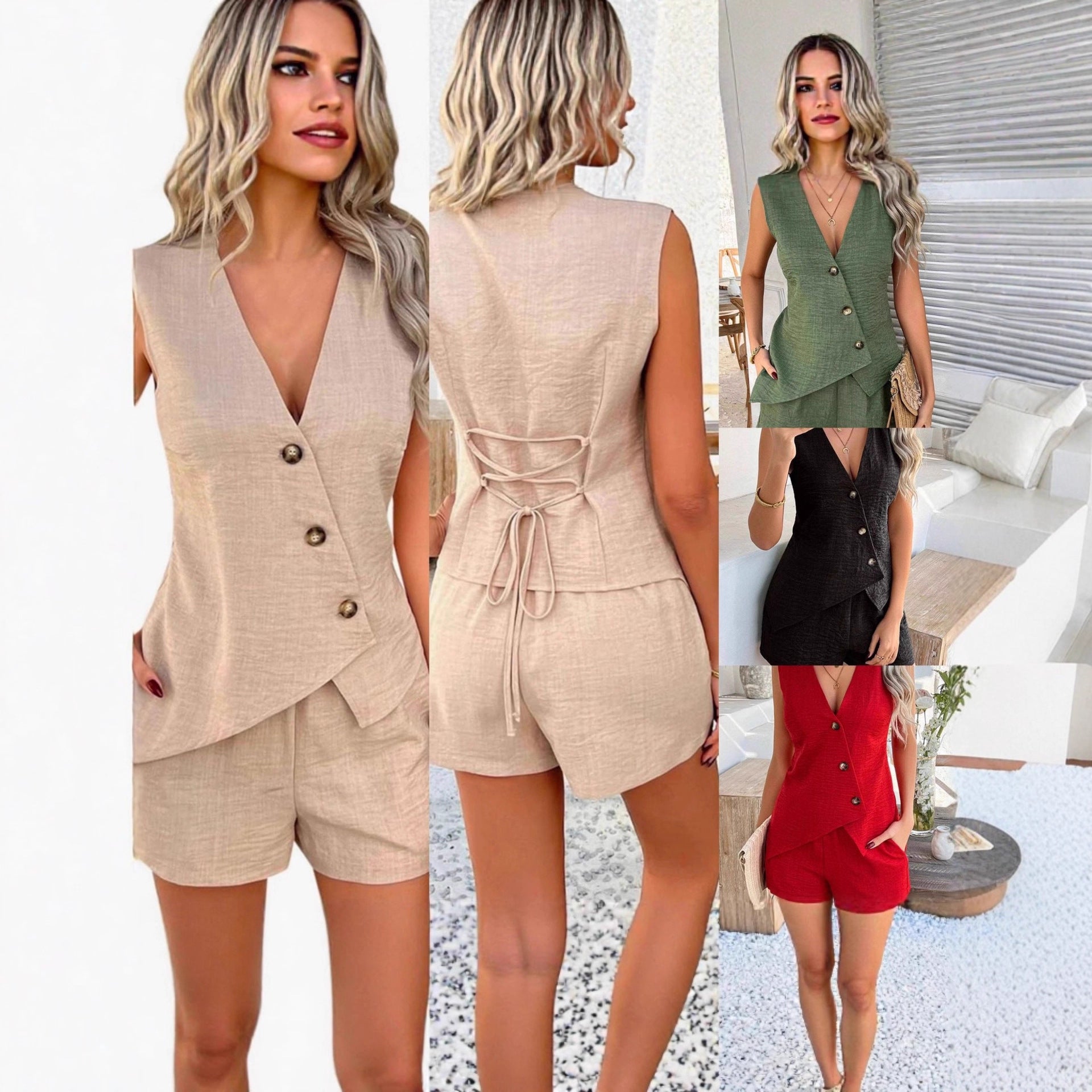 Fashionable Casual V-Neck Asymmetrical Tank Top And Shorts Set - Zalixer