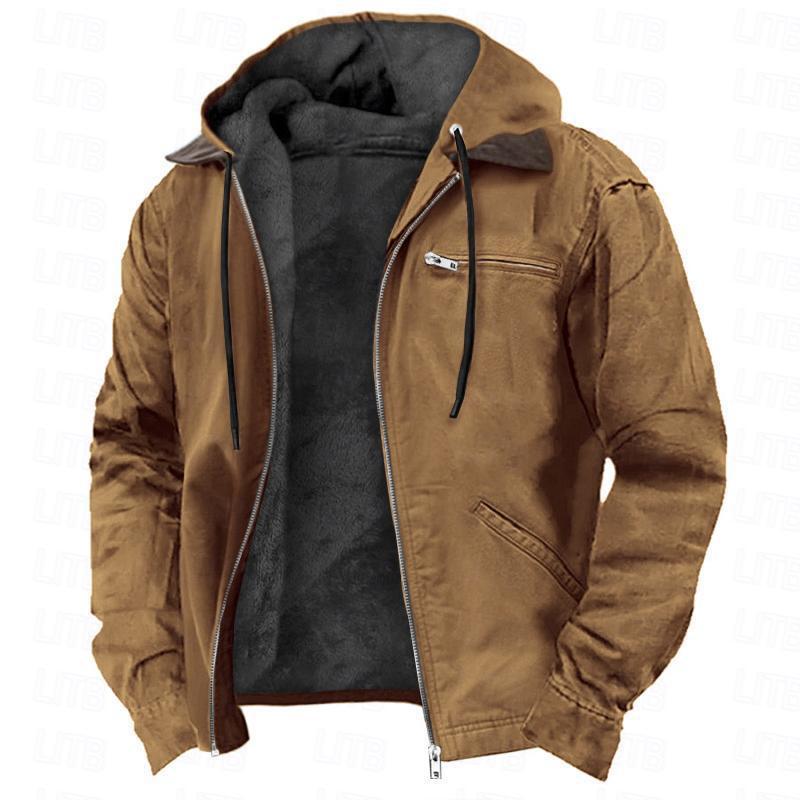 Winter Hooded Coat With Pockets Warm Fleece Men's Casual Outerwear Zip-up Jacket