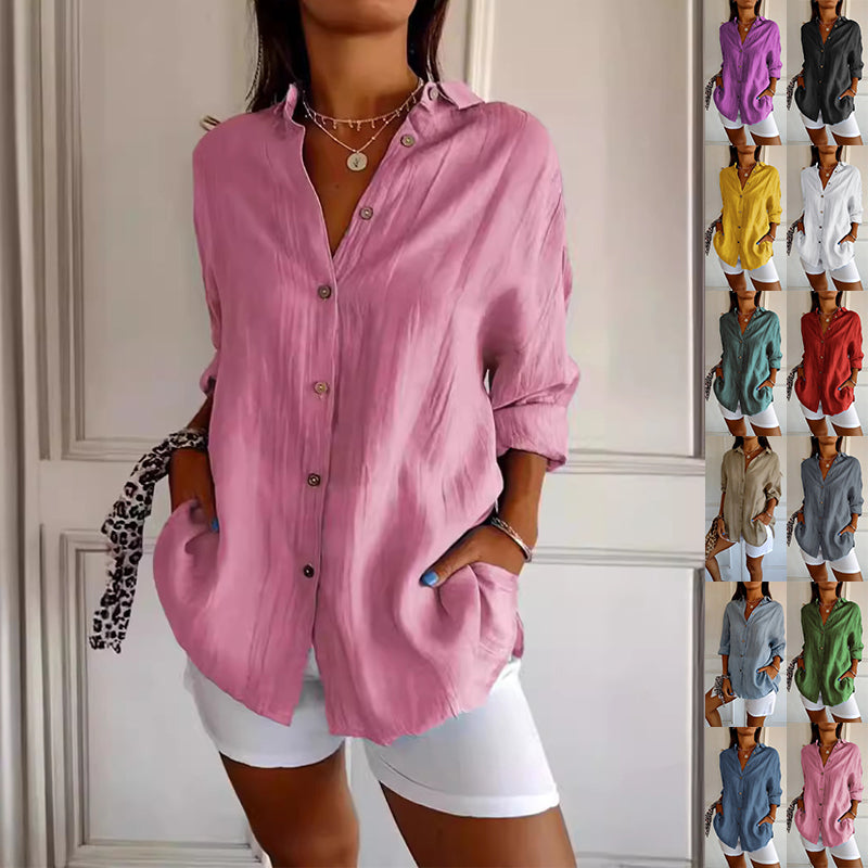 Lapel Long Sleeve Shirt Women's Single-breasted Pleated Shirt Tops Clothing - Zalixer