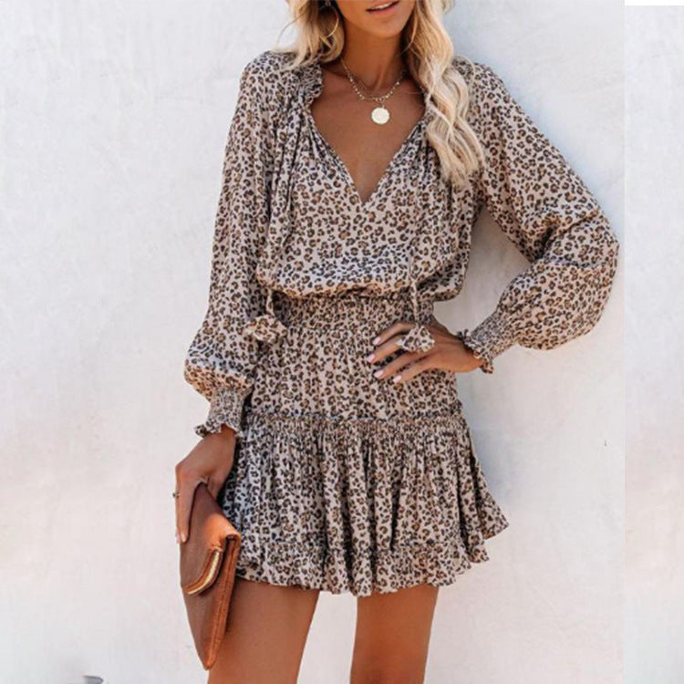 Flowers Print Long Sleeve Dress Fashion Patchwork Puff Sleeve Waist Dresses Women's Clothing - Zalixer