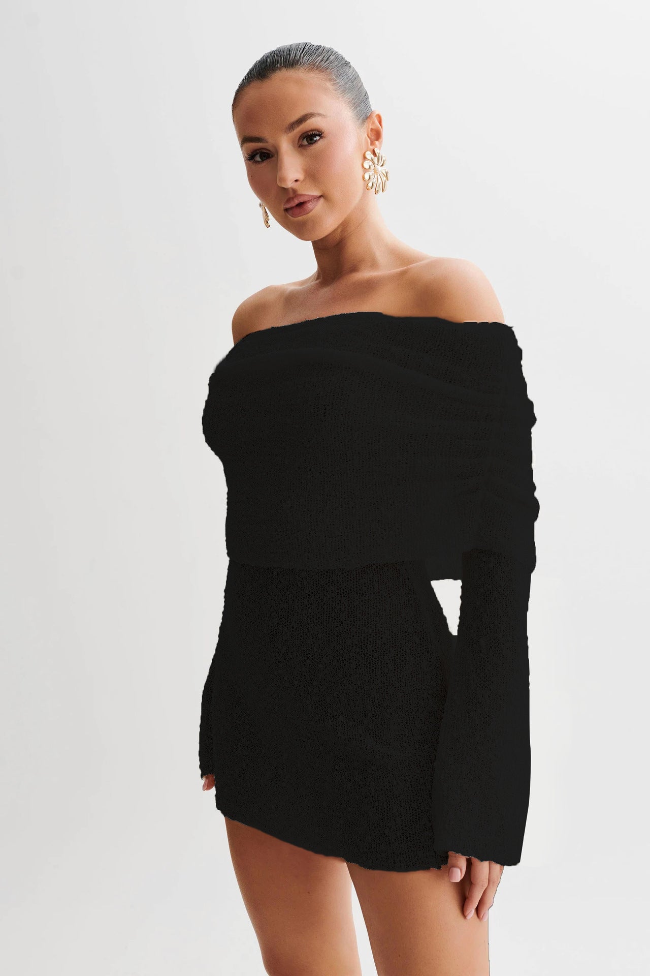 Women's Spring Summer Knitted Dress Elegant Party Boat Neck Dress Infant Off Shoulder Bodycon Long Sleeve Fuzzy Short Club Chic Mini Dress - Zalixer