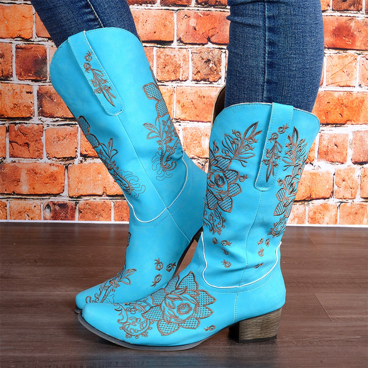 Womens Mid-Calf Boots With Embroidery Ethnic Style And A Comfortable Mid-Heel - Zalixer