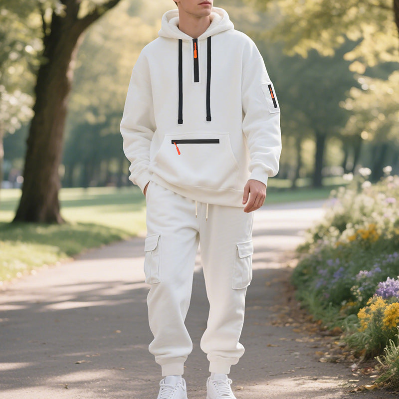 Men's Loose Sports And Leisure Suit Sweater Fleece-lined Hoodie Set Zipper Multi-Pocket Pullover Men's Sports Casual Top Two-piece Set - Zalixer