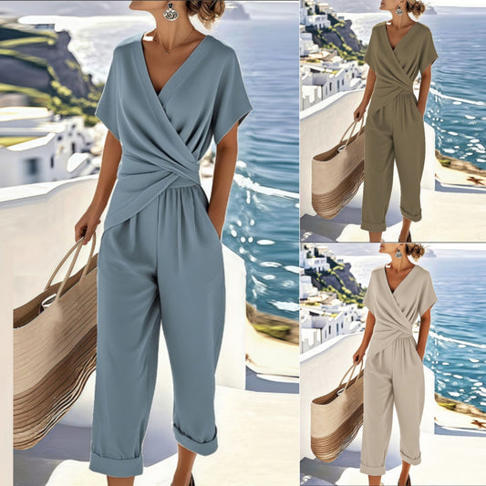 Women's Two Pieces Set Fashion Solid Color Irregular Short Sleeve Suit Summer Fashion V Neck Slim Office Suit Casual Pleated Irregular Top and Pants Outfit