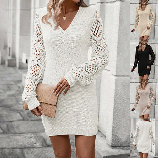 New V-neck Knitted Dress Fashion Solid Color Hollow Long-sleeved Sweater Dresses Women's Clothing - Zalixer