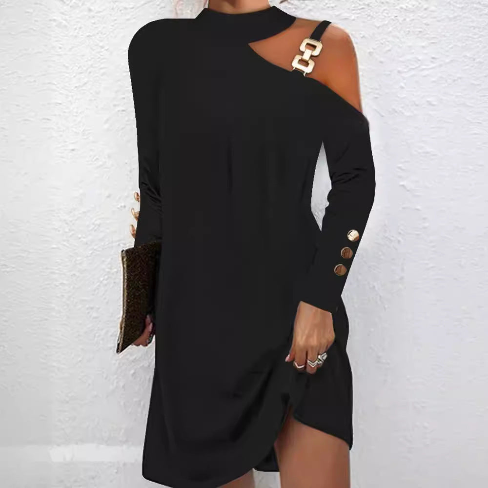 Fashion Women Solid Casual Dress Female Elegant Long Sleeve Metal Buckle Halter Neck Casual Mini Dress - Zalixer