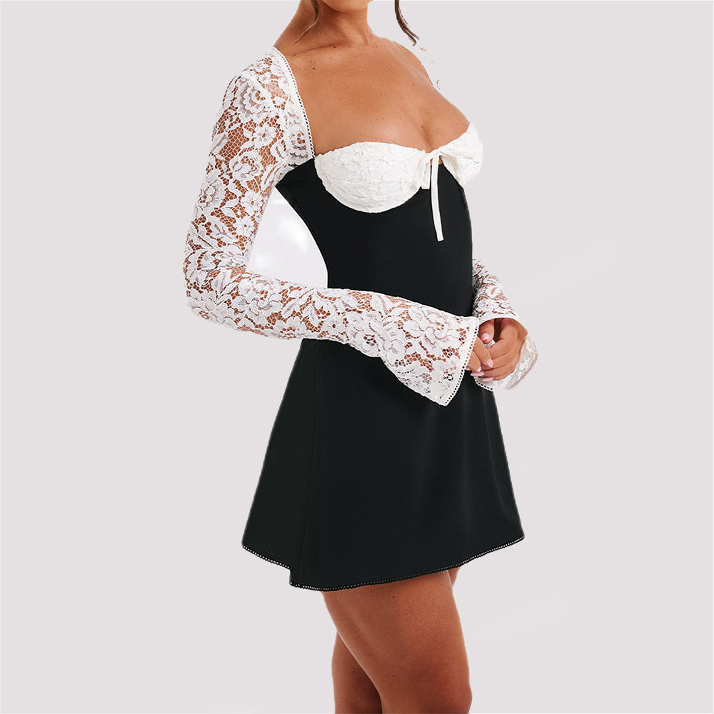 Y2K  Lace Long Sleeve Dress Fashion Sexy Corset Backless Lace Up Short Dresses Womens Clothing - Zalixer