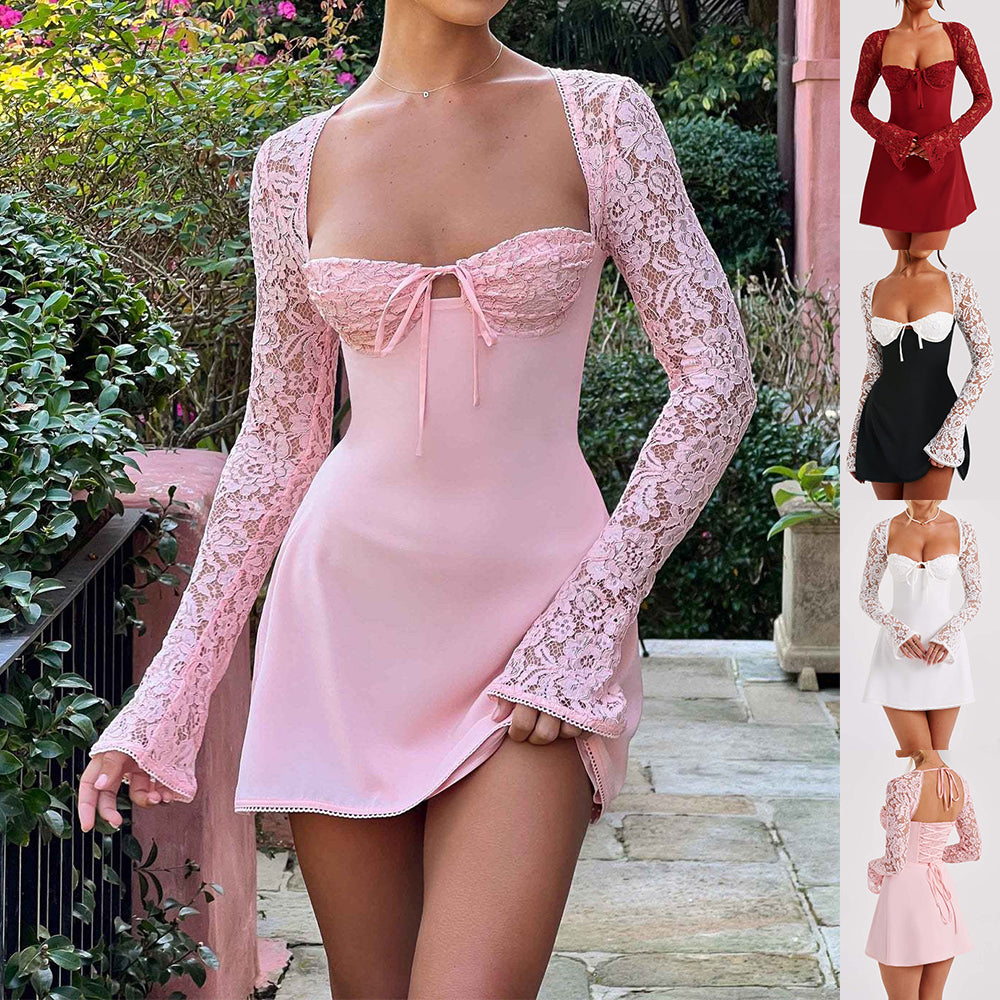 Y2K  Lace Long Sleeve Dress Fashion Sexy Corset Backless Lace Up Short Dresses Womens Clothing - Zalixer