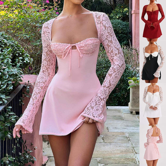 Y2K  Lace Long Sleeve Dress Fashion Sexy Corset Backless Lace Up Short Dresses Womens Clothing - Zalixer