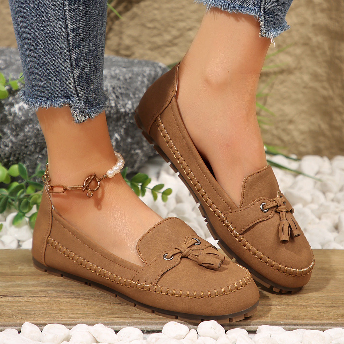 Women's Round Head Loafers Fashion Non-slip Soft Comfortable Flats Shoes - Zalixer