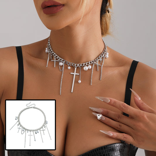 Cross Tassel Pearl Collarbone Chain Jewelry Cool Spicy Girl Necklace Fashion Jewelry - Zalixer
