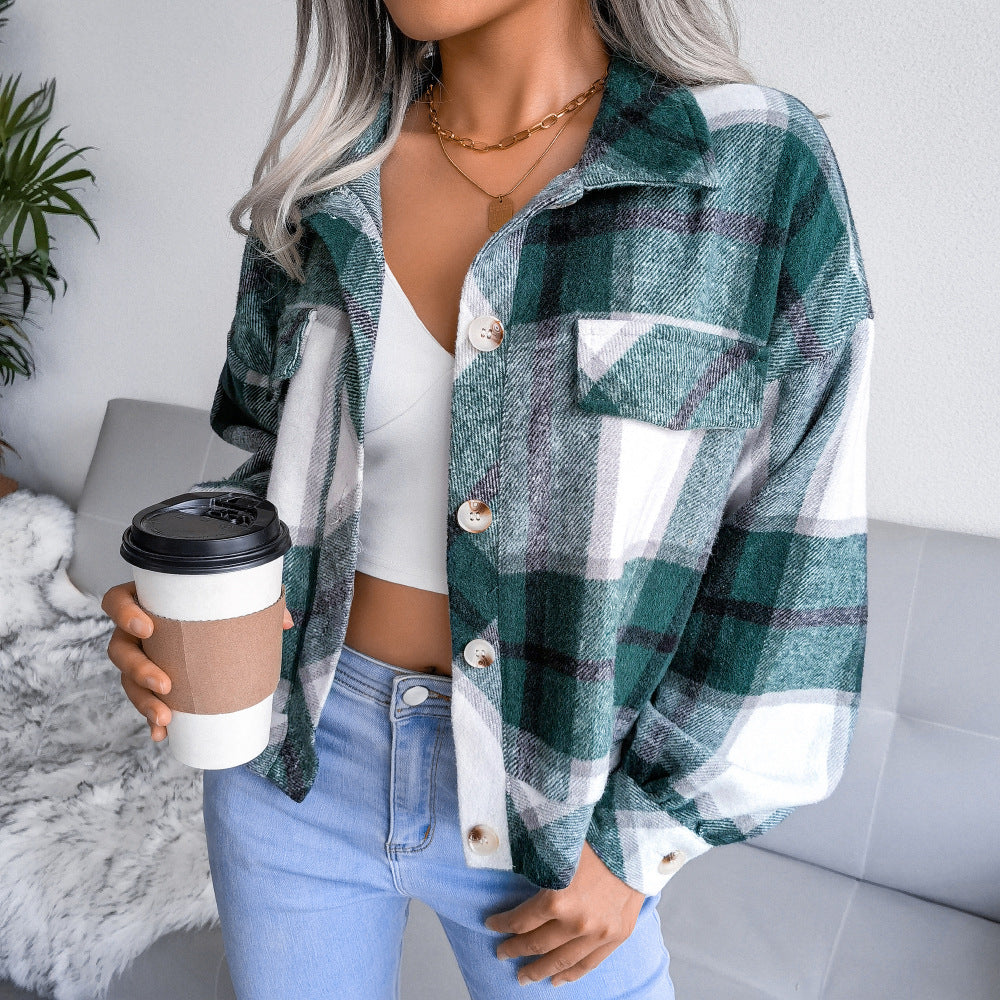 Plaid Lapel Cropped Jacket Fashion Loose Button Long Sleeve Short Outwear Tops Coat For Womens Clothing - Zalixer