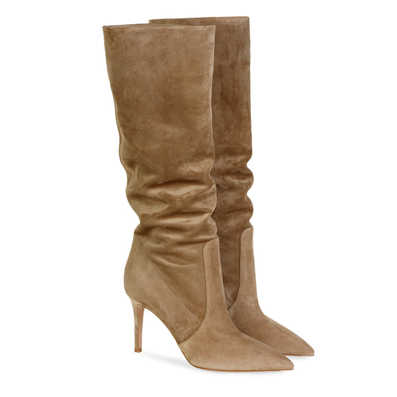Pointed Suede Brown Stiletto Heel Fashion Mid Tube Knee Length Womens Boots - Zalixer