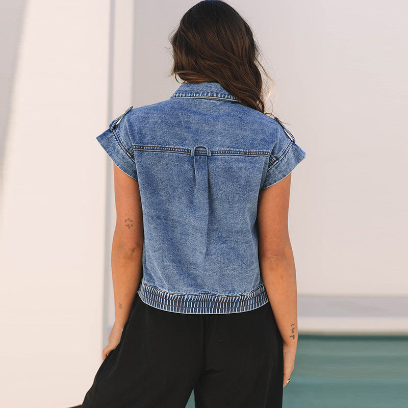 Denim Women's Single-breasted Lapel Short Sleeve Vest Coat - Zalixer