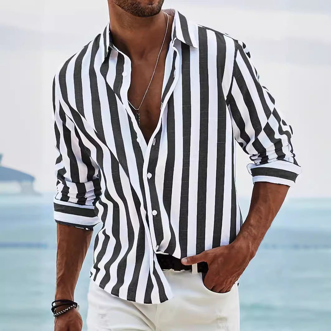 Men's Striped Print Casual Loose Long-Sleeved Shirt - Zalixer