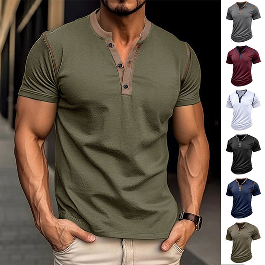 Men's Short-Sleeved Polo Shirt Summer Button V-Neck Top