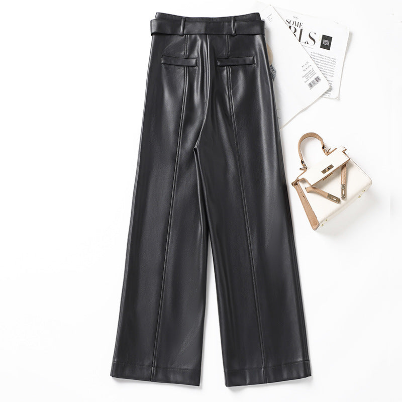 Womens Straight-Leg Leather Pants High-Waisted Fashionable Wide-Leg Pants - Zalixer