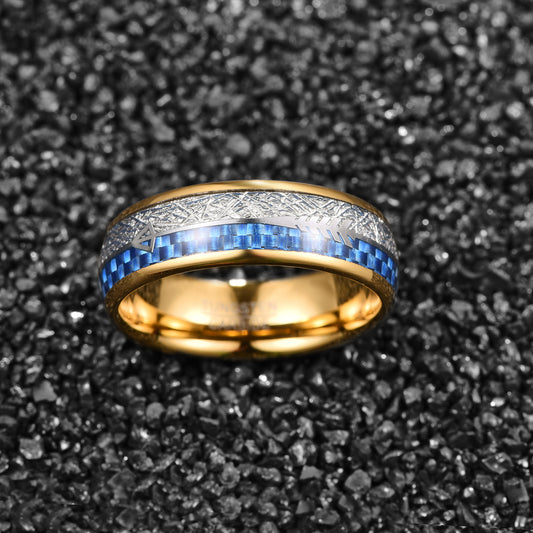 Electroplated Gold Inlaid Blue Carbon Fiber Tungsten Ring