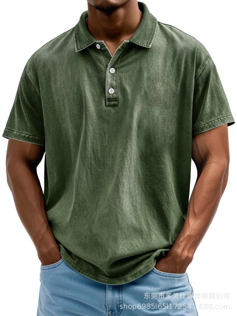 Men's Fashion Retro Washed Distressed Cotton Lapel Short Sleeve