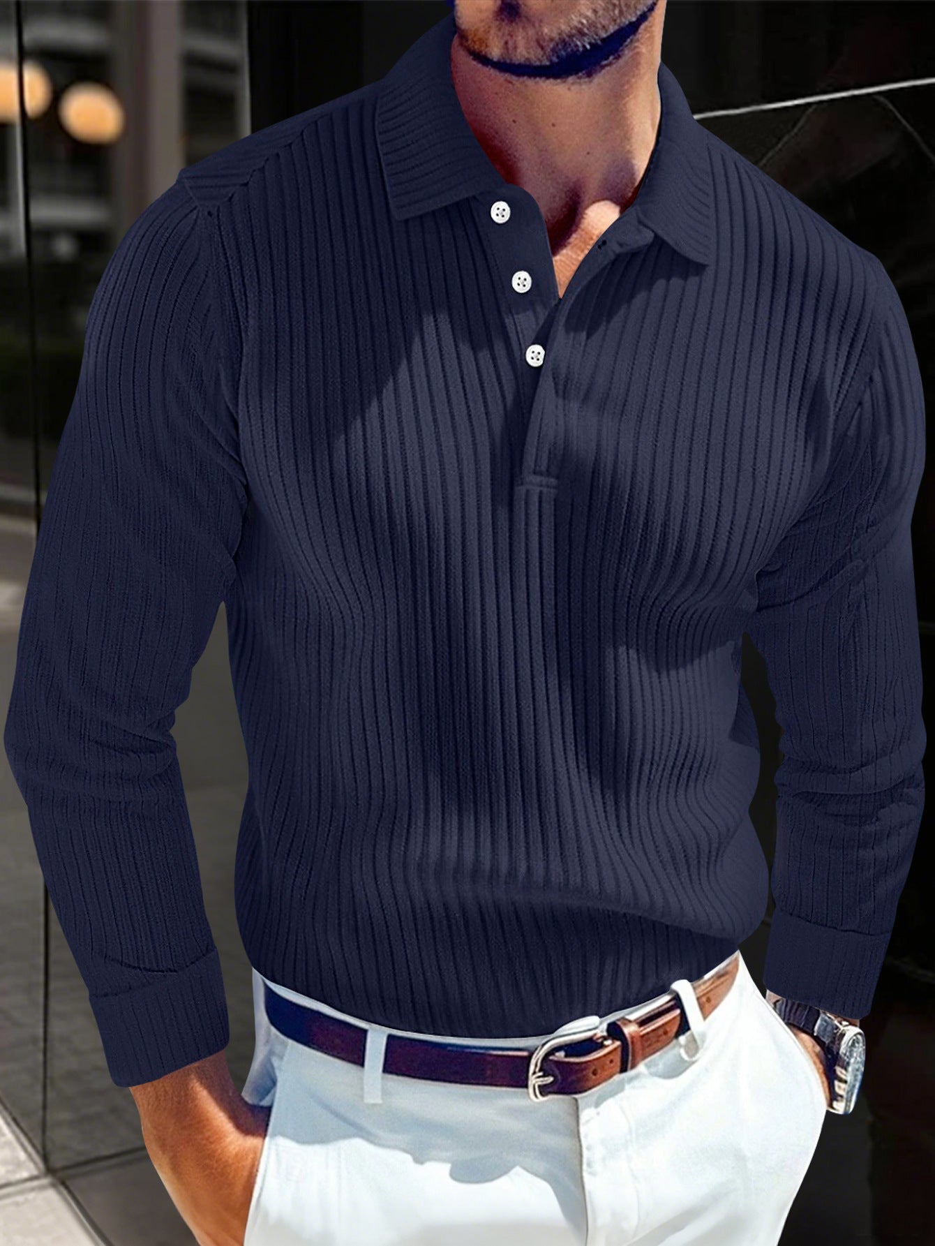 Men's Polo T-shirt With A Turn-down Collar Spring Summer Business Buttoned Long-sleeve Sports Retro Style Striped Polo Shirt For Daily Wear - Zalixer