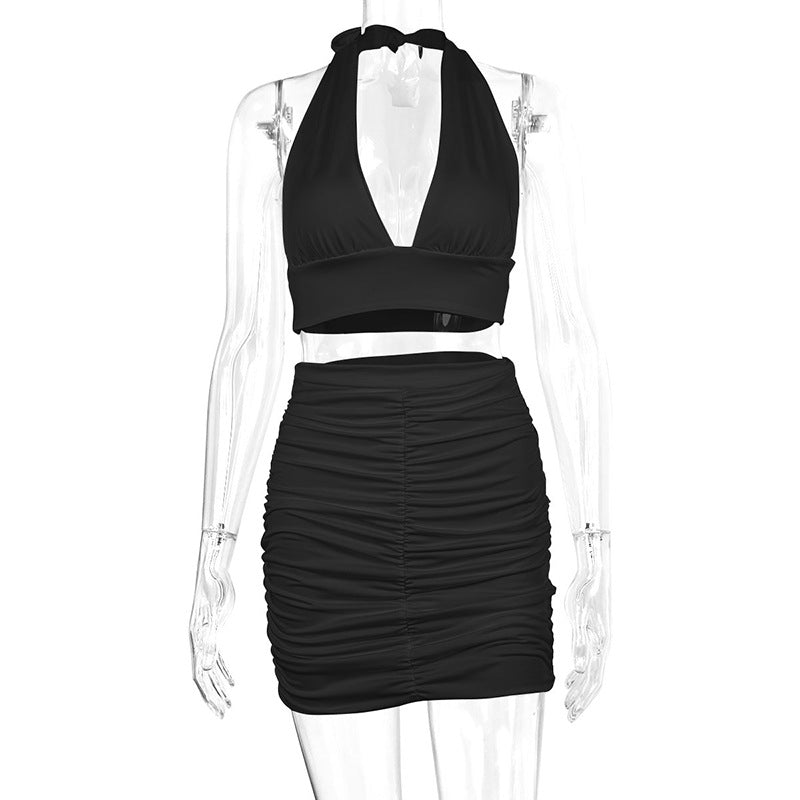 2pcs Dress Suits For Women Halter Lace-up Hip Top And Pleated Hip-covering Skirt - Zalixer