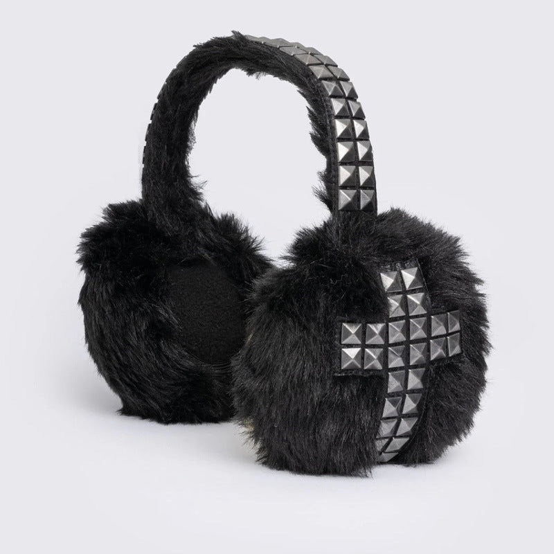 Dark Gothic Rhinestone-Embroidered Earflap Hat With Accessories - Zalixer