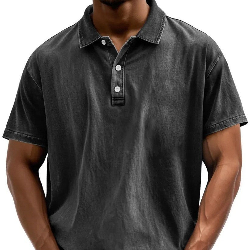 Men's Fashion Retro Washed Distressed Cotton Lapel Short Sleeve