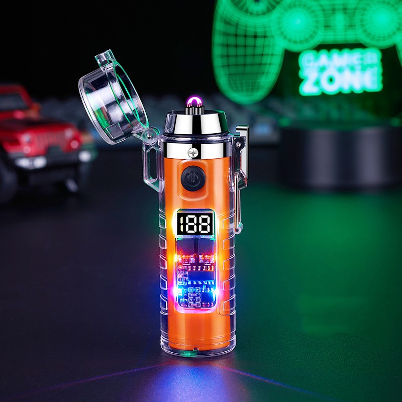 Transparent Shell Dual Arc USB Charging Lighter Outdoor Waterproof LED Colorful Light Power Display Illumination Light Gadget