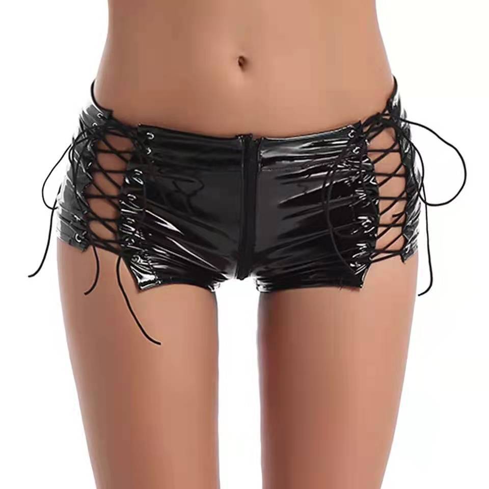 Women's High Shine PVC Patent Leather Zip Shorts - Zalixer