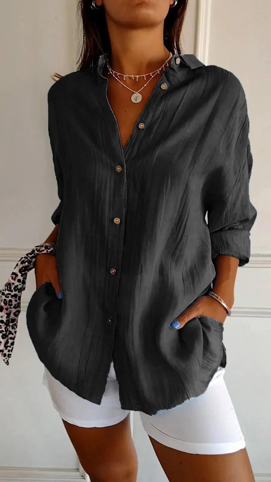 Lapel Long Sleeve Shirt Women's Single-breasted Pleated Shirt Tops Clothing - Zalixer