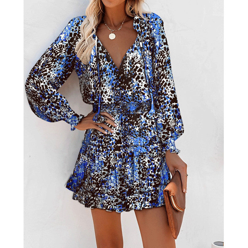 Flowers Print Long Sleeve Dress Fashion Patchwork Puff Sleeve Waist Dresses Women's Clothing - Zalixer