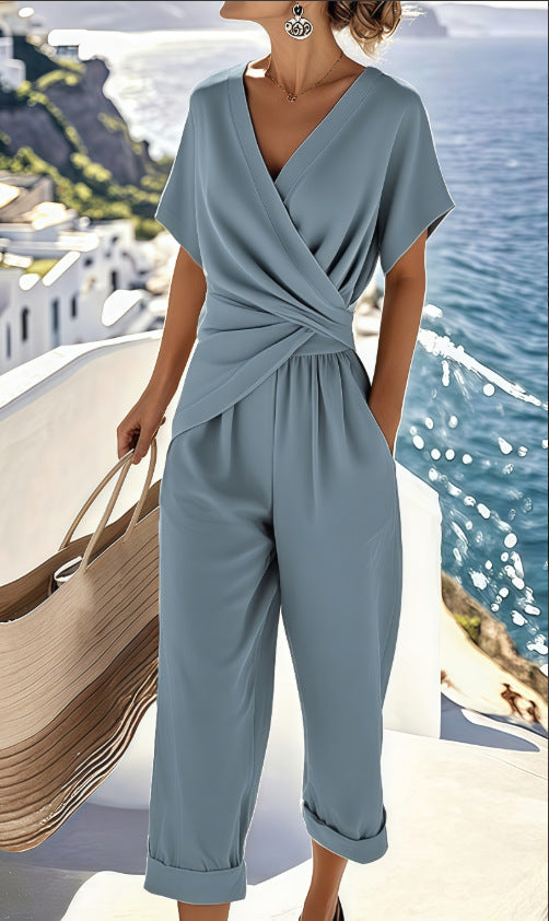 Women's Two Pieces Set Fashion Solid Color Irregular Short Sleeve Suit Summer Fashion V Neck Slim Office Suit Casual Pleated Irregular Top and Pants Outfit - Zalixer