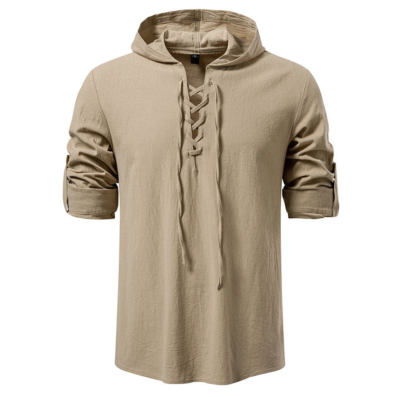 New Medieval Pirate Drawstring Men's Cotton Linen Long Sleeve