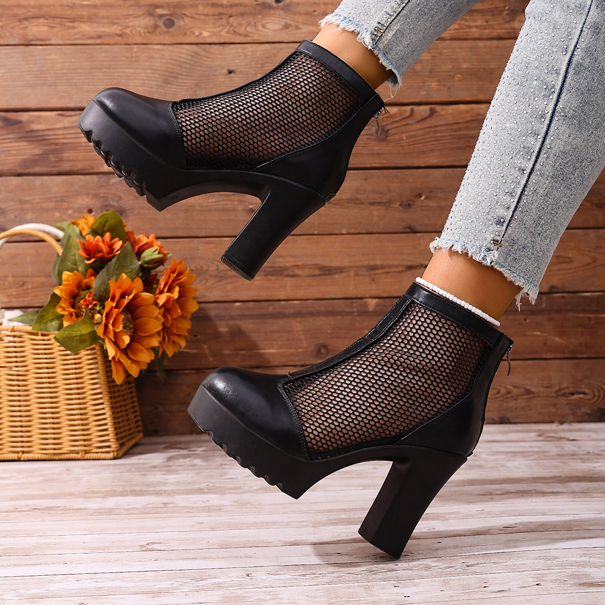 Womens Mesh Chunky Heel Fashion Ankle Boots With Back Zip - Zalixer