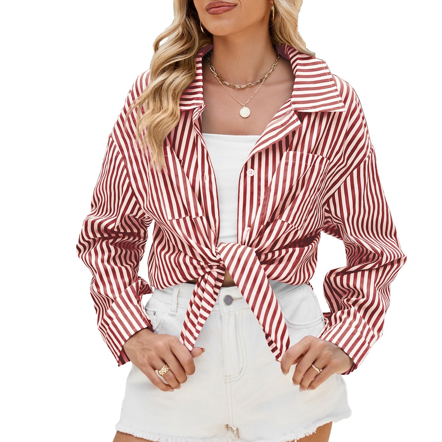 Fashion Striped Long Sleeve Shirt With Pockets Casual Loose Single-Breasted Button Top Women Clothing - Zalixer