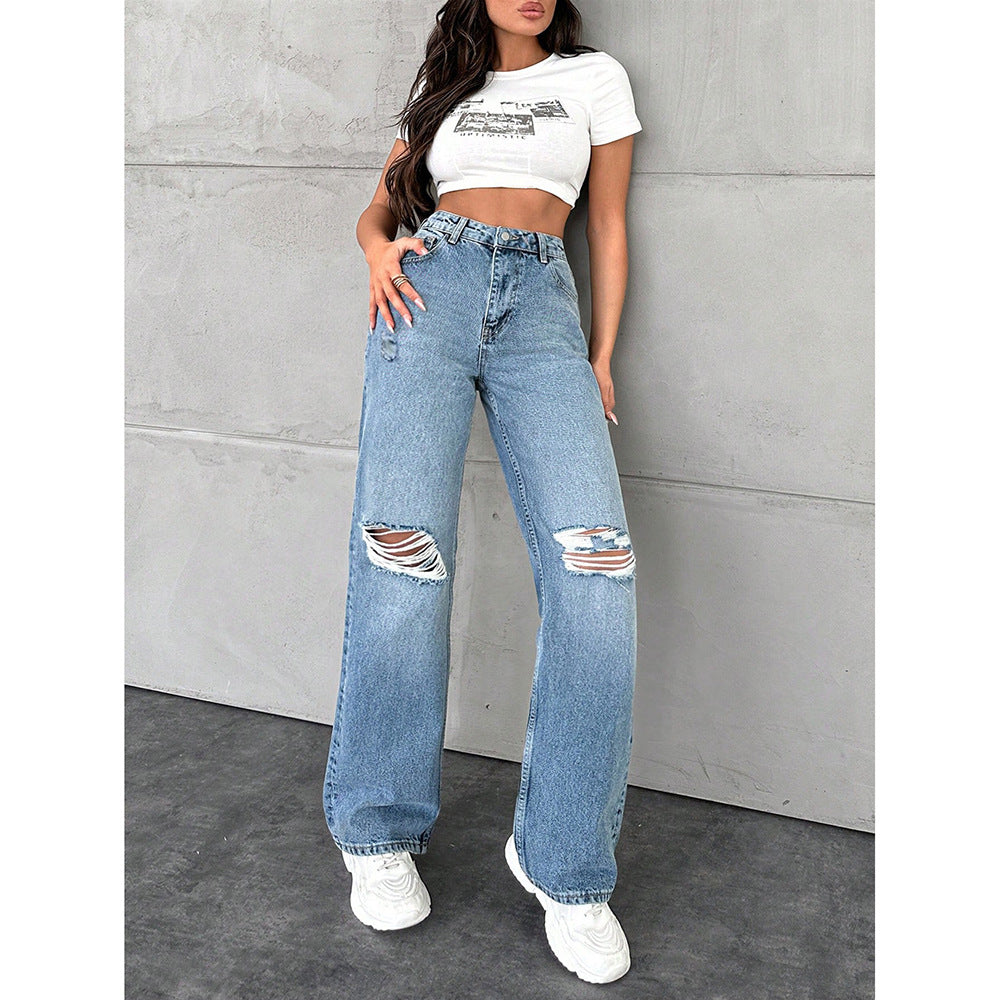 Womens Washed Casual Straight Jeans - Zalixer