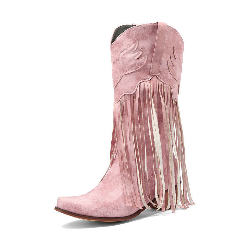 Womens Retro Mid-Calf Chunky Heel Round-Toe Boots - Zalixer