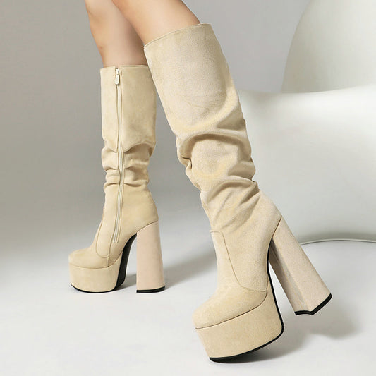Womens Stretch Suede Waterproof Thick-soled High Heels - Zalixer