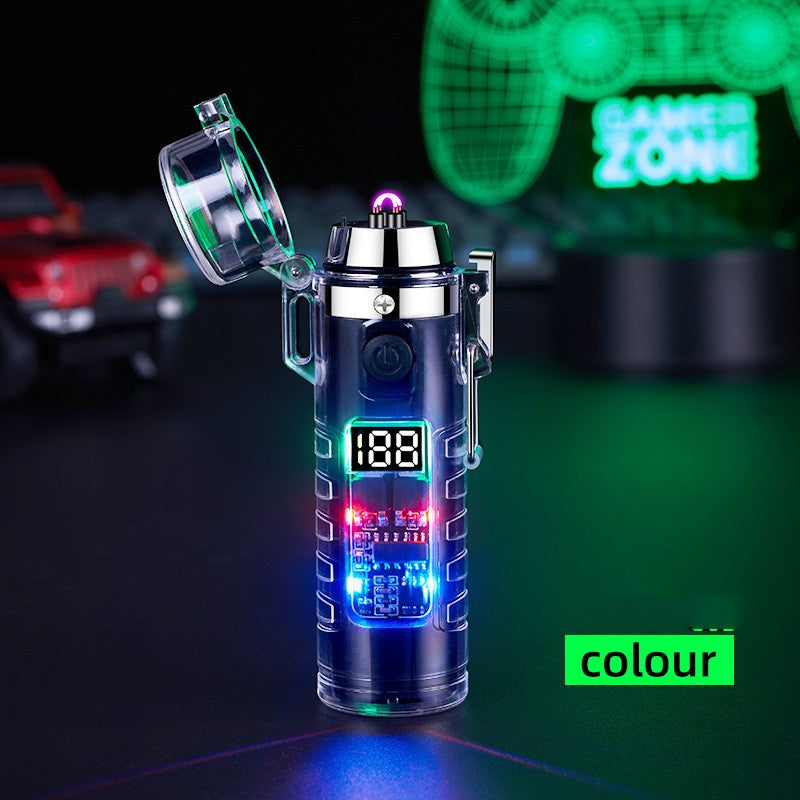 Transparent Shell Dual Arc USB Charging Lighter Outdoor Waterproof LED Colorful Light Power Display Illumination Light Gadget