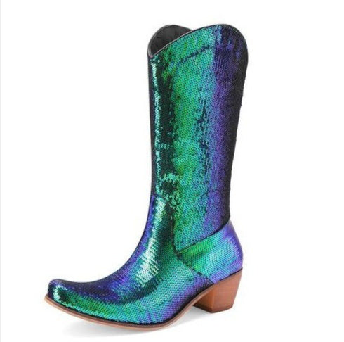 Womens Block-Heel Patent Leather Knee-High Boots - Zalixer